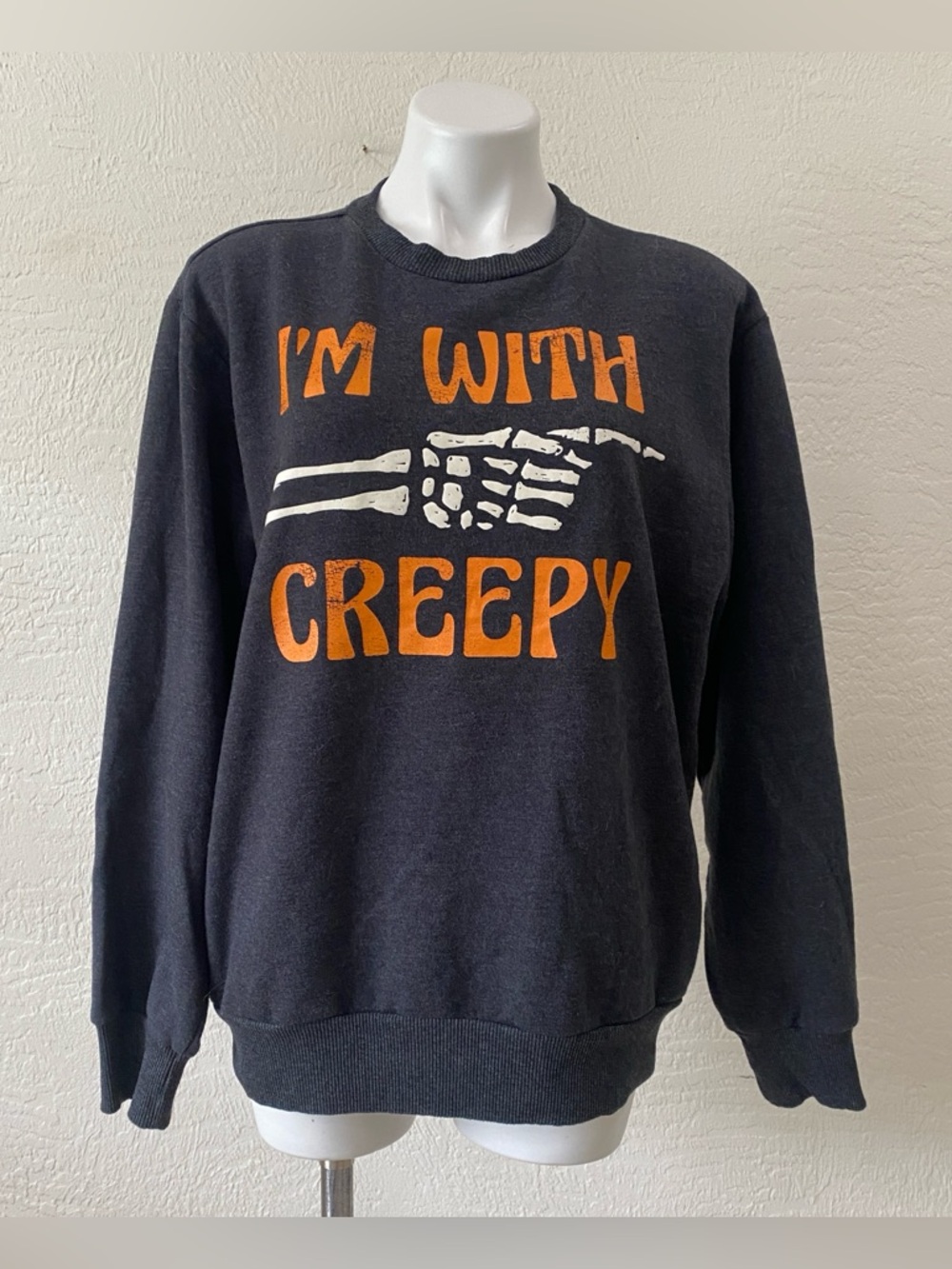 Grey black  'I'm With Creepy' Graphic Crewneck Sweater Medium - Halloween - goth